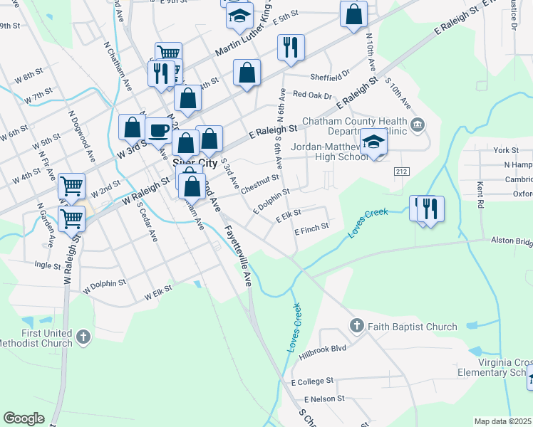map of restaurants, bars, coffee shops, grocery stores, and more near 309 S 3rd Ave in Siler City