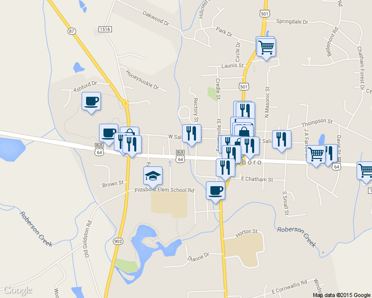 map of restaurants, bars, coffee shops, grocery stores, and more near 34 Johnston St in Pittsboro