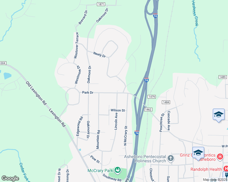 map of restaurants, bars, coffee shops, grocery stores, and more near 1110 Park Drive in Asheboro