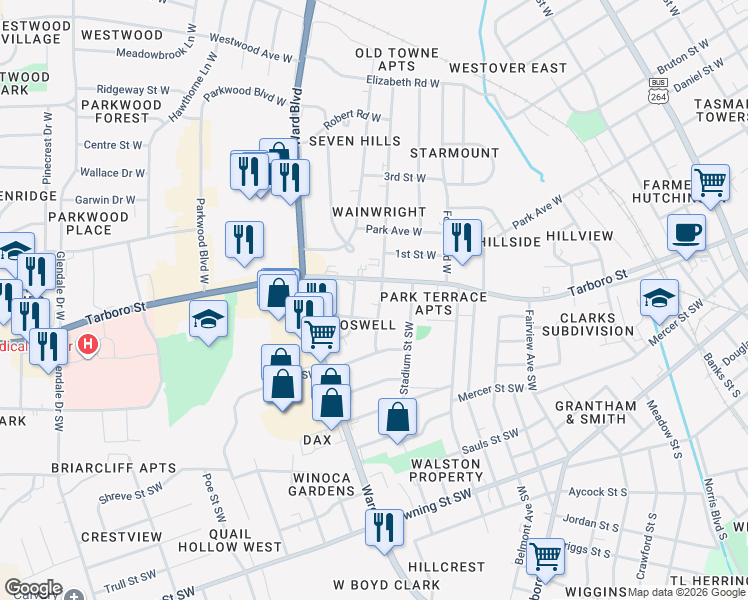 map of restaurants, bars, coffee shops, grocery stores, and more near 108 Garner Street Southwest in Wilson