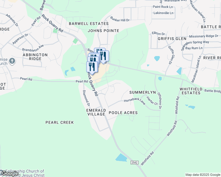 map of restaurants, bars, coffee shops, grocery stores, and more near 6331 Rock Quarry Road in Raleigh
