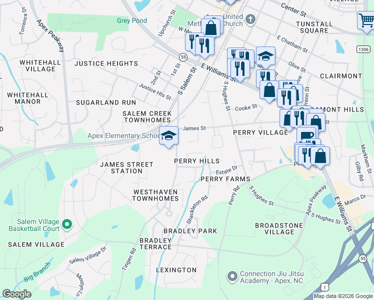 map of restaurants, bars, coffee shops, grocery stores, and more near 301 Glaston Court in Apex