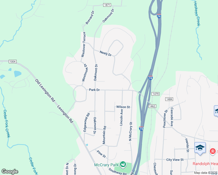 map of restaurants, bars, coffee shops, grocery stores, and more near 1146 Park Drive in Asheboro