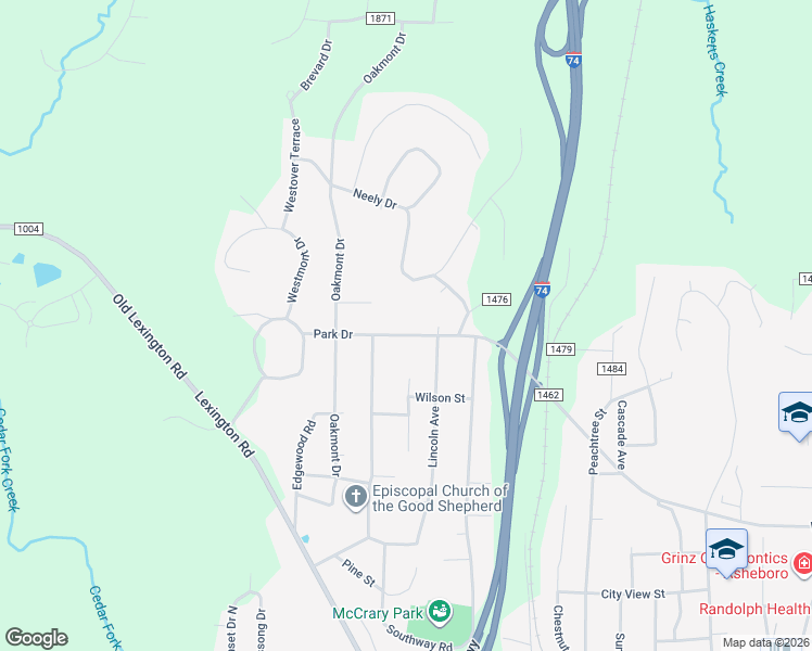 map of restaurants, bars, coffee shops, grocery stores, and more near 1146 Park Drive in Asheboro