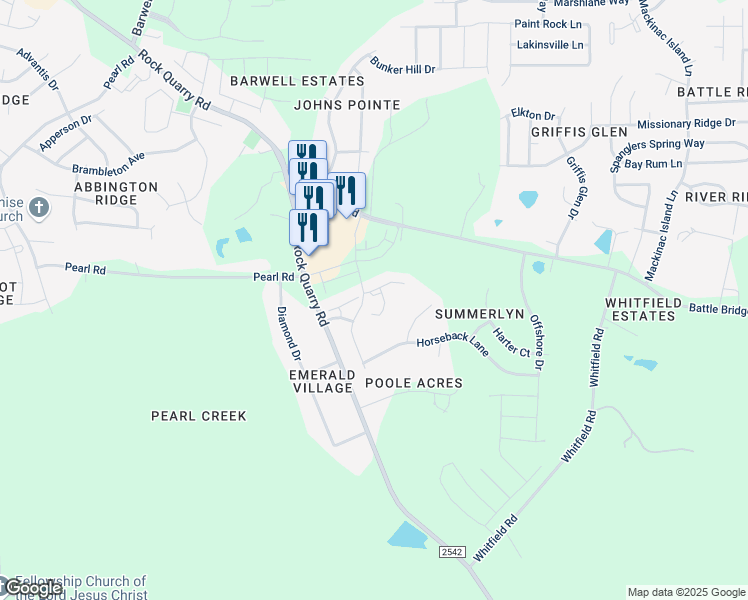 map of restaurants, bars, coffee shops, grocery stores, and more near 6331 Rock Quarry Road in Raleigh