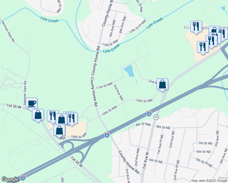 map of restaurants, bars, coffee shops, grocery stores, and more near 1015 3rd Avenue Northwest in Conover