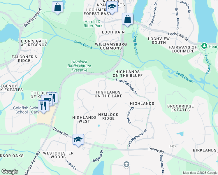 map of restaurants, bars, coffee shops, grocery stores, and more near 111 Highlands Lake Drive in Cary