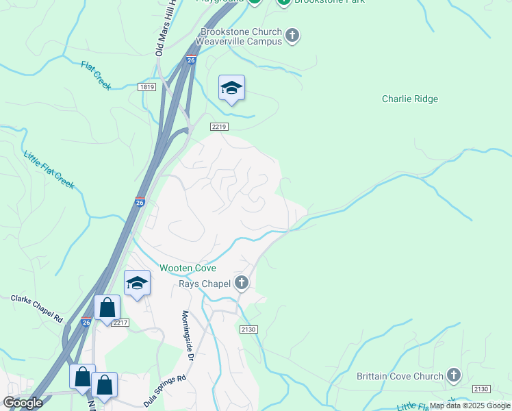 map of restaurants, bars, coffee shops, grocery stores, and more near 11 Scenic Mountain Drive in Weaverville