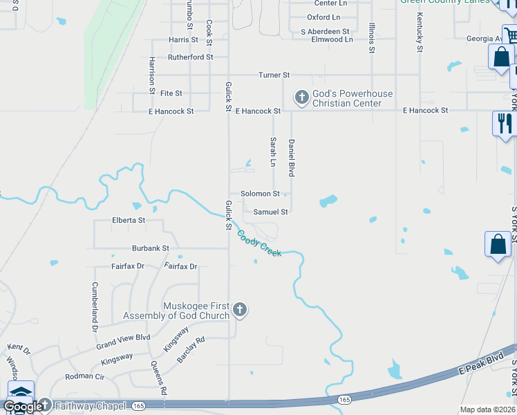 map of restaurants, bars, coffee shops, grocery stores, and more near 1314 Samuel Drive in Muskogee