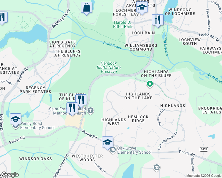 map of restaurants, bars, coffee shops, grocery stores, and more near 206 Highlands Lake Drive in Cary
