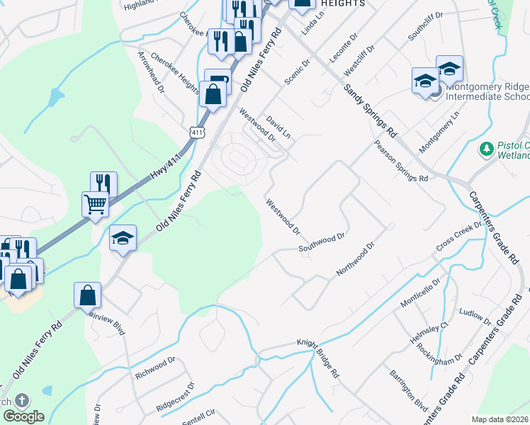 map of restaurants, bars, coffee shops, grocery stores, and more near 435 Westwood Drive in Maryville