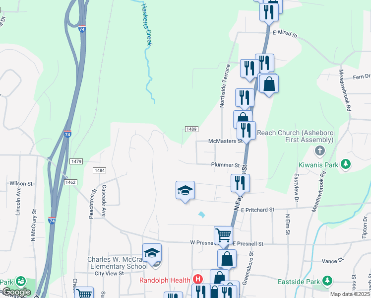 map of restaurants, bars, coffee shops, grocery stores, and more near 430 Englewood Drive in Asheboro