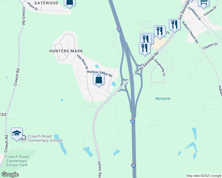 map of restaurants, bars, coffee shops, grocery stores, and more near 4548 Jones Sausage Road in Garner