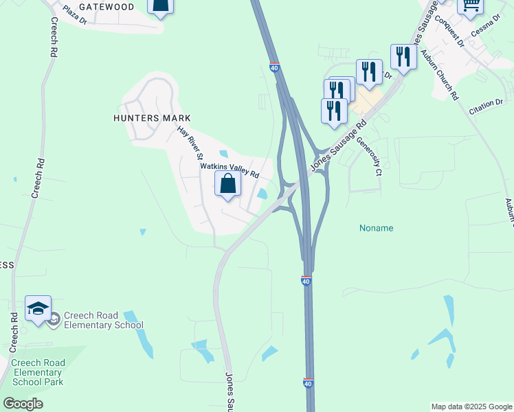 map of restaurants, bars, coffee shops, grocery stores, and more near 4548 Jones Sausage Road in Garner