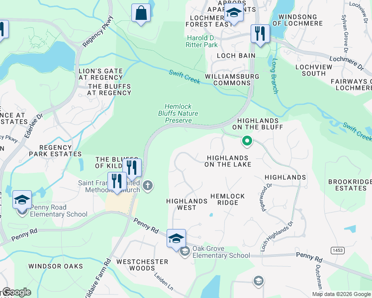 map of restaurants, bars, coffee shops, grocery stores, and more near 206 Highlands Lake Dr in Cary