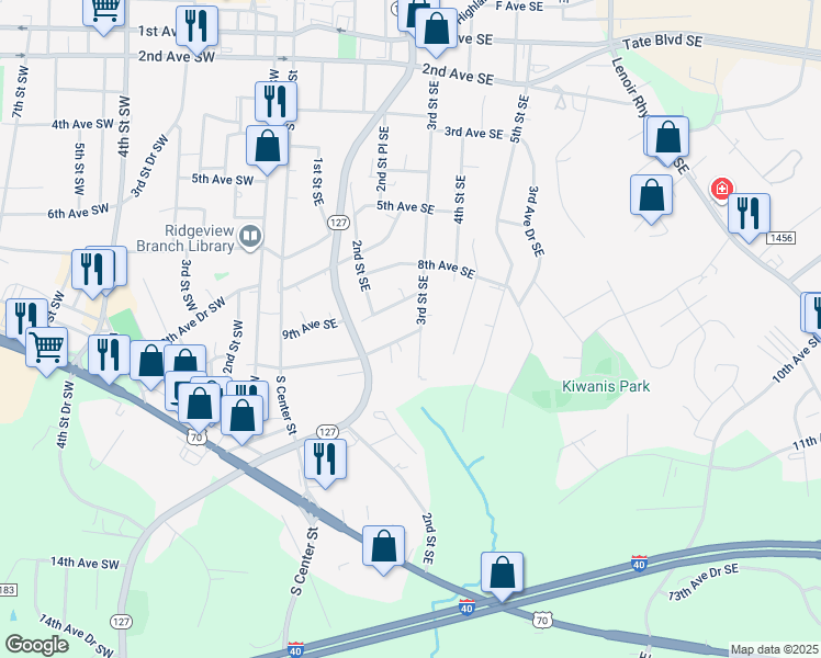 map of restaurants, bars, coffee shops, grocery stores, and more near 271 10th Avenue Southeast in Hickory