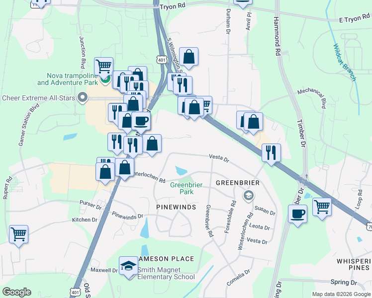 map of restaurants, bars, coffee shops, grocery stores, and more near 3914 Vesta Drive in Raleigh