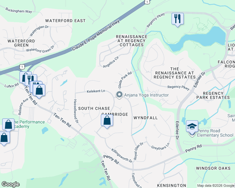 map of restaurants, bars, coffee shops, grocery stores, and more near 104 Bridewell Court in Cary
