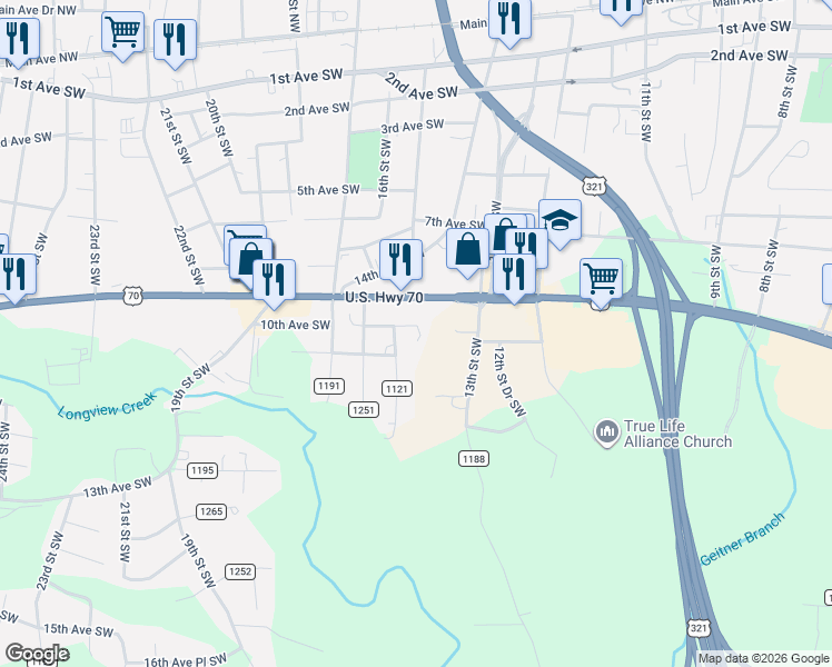 map of restaurants, bars, coffee shops, grocery stores, and more near 1429 10th Avenue Southwest in Hickory