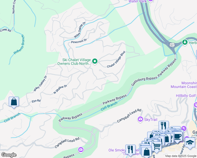 map of restaurants, bars, coffee shops, grocery stores, and more near 803 Village Place in Gatlinburg