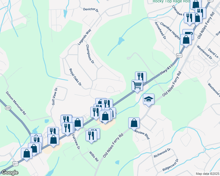 map of restaurants, bars, coffee shops, grocery stores, and more near 215 Royal Oaks Drive in Maryville