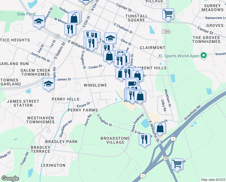 map of restaurants, bars, coffee shops, grocery stores, and more near 217 Perry Farms Drive in Apex