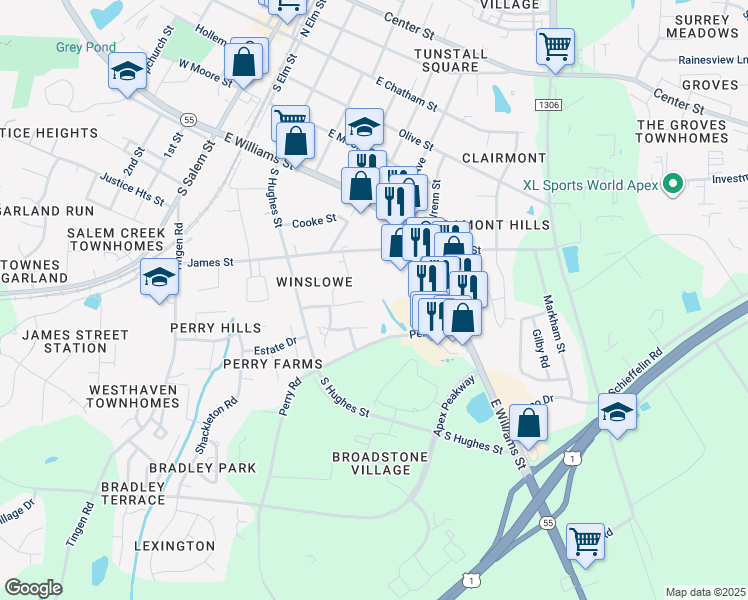 map of restaurants, bars, coffee shops, grocery stores, and more near 217 Perry Farms Drive in Apex