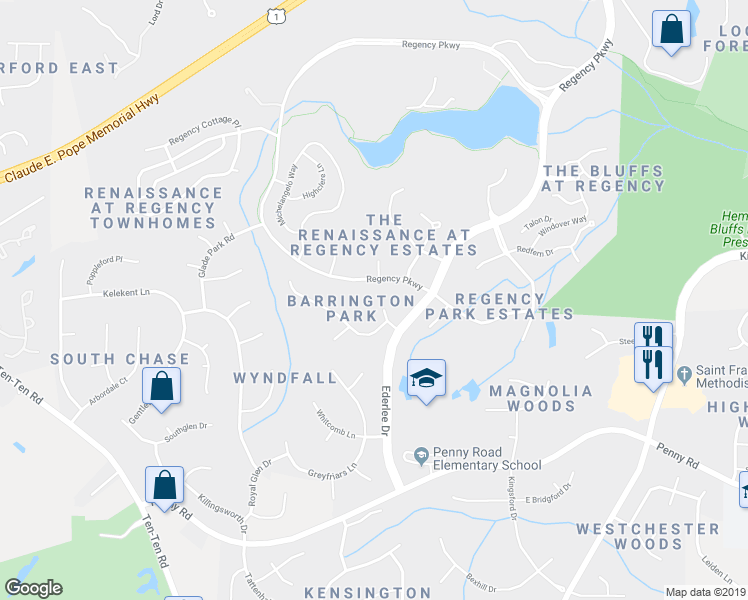 map of restaurants, bars, coffee shops, grocery stores, and more near 115 Kendleton Place in Cary