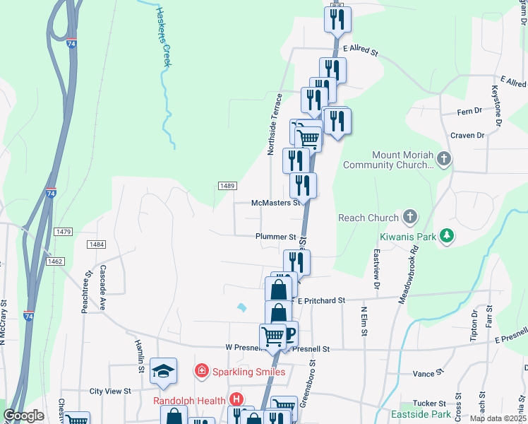 map of restaurants, bars, coffee shops, grocery stores, and more near McMasters Street in Asheboro
