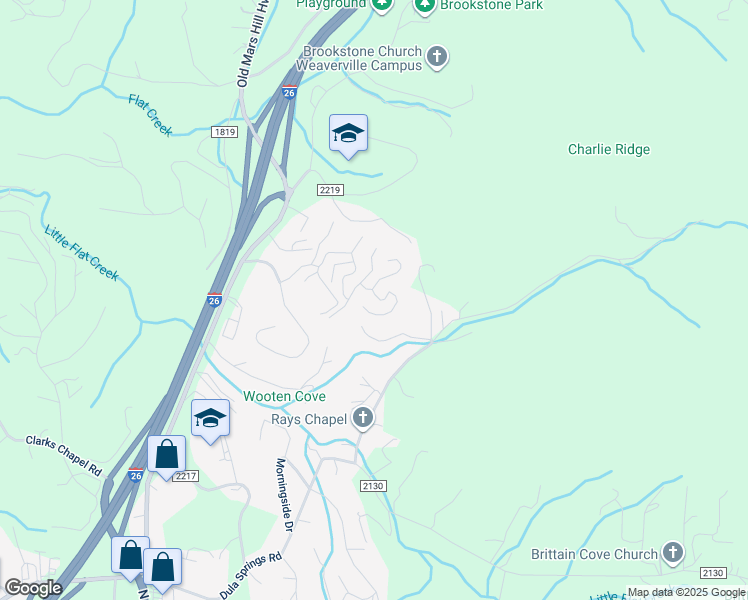 map of restaurants, bars, coffee shops, grocery stores, and more near 7 Scenic Mountain Drive in Weaverville