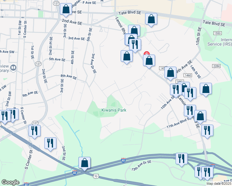 map of restaurants, bars, coffee shops, grocery stores, and more near 642 7th Avenue Southeast in Hickory