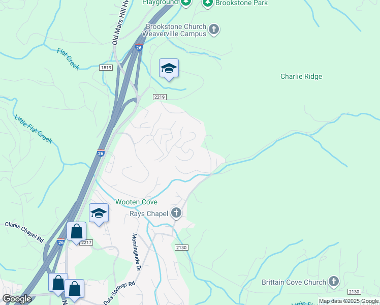 map of restaurants, bars, coffee shops, grocery stores, and more near 15 Scenic Mountain Drive in Weaverville