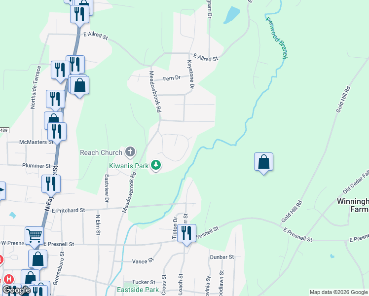 map of restaurants, bars, coffee shops, grocery stores, and more near 649 Woodland Circle in Asheboro