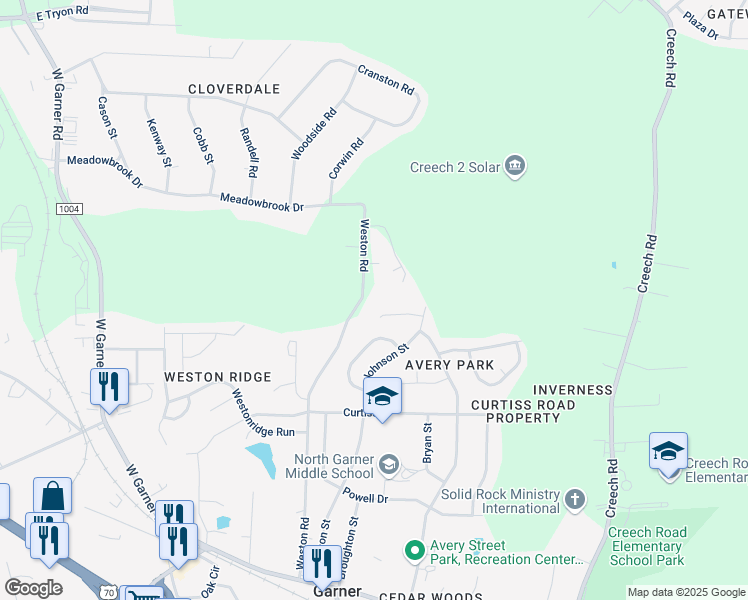 map of restaurants, bars, coffee shops, grocery stores, and more near 242 Weston Road in Garner