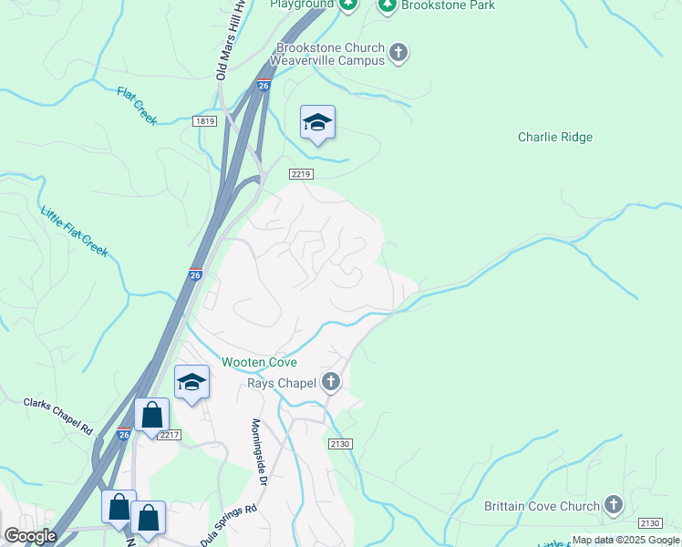 map of restaurants, bars, coffee shops, grocery stores, and more near 7 Scenic Mountain Drive in Weaverville