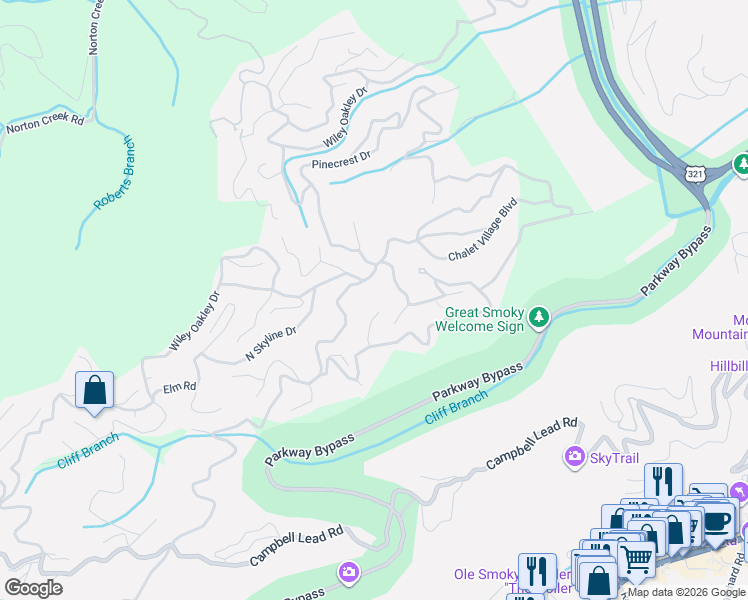 map of restaurants, bars, coffee shops, grocery stores, and more near 911 Aspen Lane in Gatlinburg