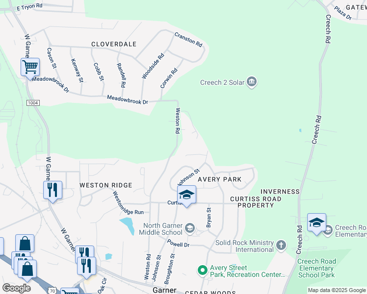 map of restaurants, bars, coffee shops, grocery stores, and more near 242 Weston Road in Garner