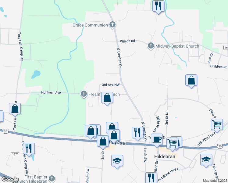 map of restaurants, bars, coffee shops, grocery stores, and more near 105 2nd Avenue Northwest in Hildebran