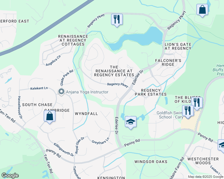 map of restaurants, bars, coffee shops, grocery stores, and more near 115 Kendleton Place in Cary