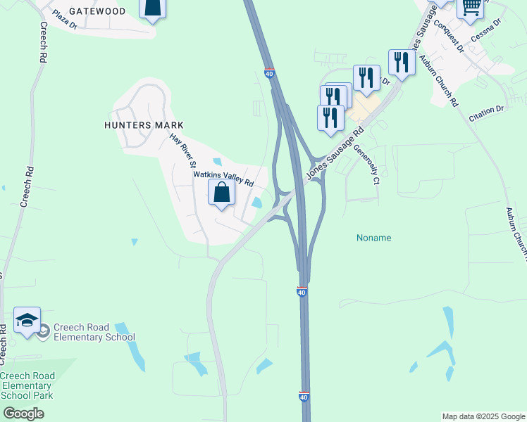 map of restaurants, bars, coffee shops, grocery stores, and more near 4510 Jones Sausage Road in Garner