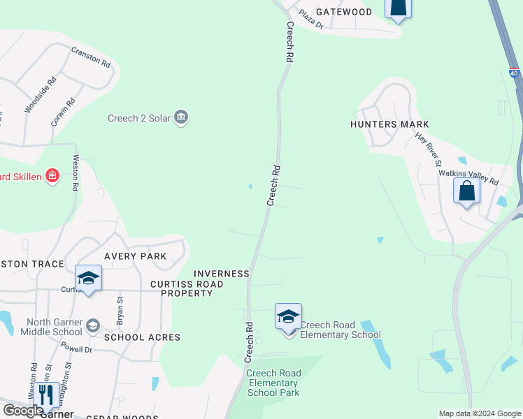 map of restaurants, bars, coffee shops, grocery stores, and more near 905 Creech Road in Garner