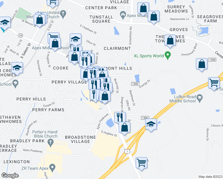 map of restaurants, bars, coffee shops, grocery stores, and more near 748 Treviso Lane in Apex