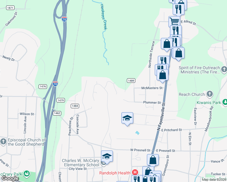 map of restaurants, bars, coffee shops, grocery stores, and more near 900 Tamworth Road in Asheboro