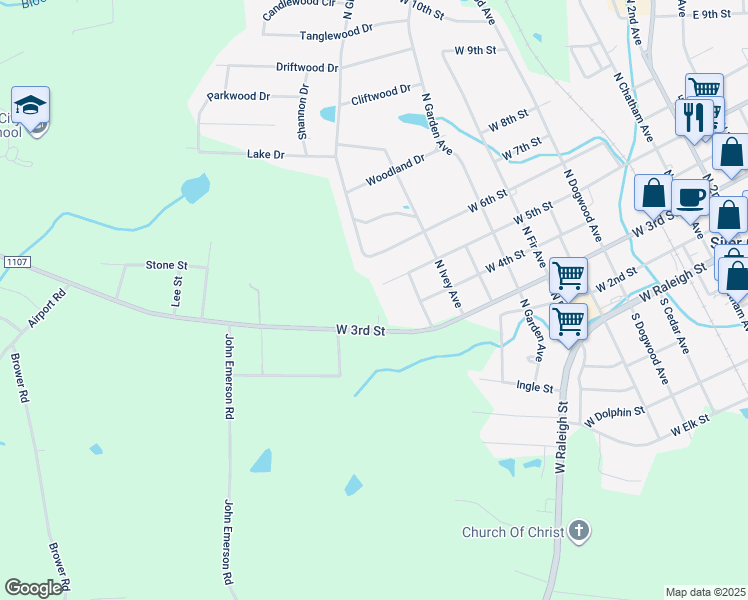 map of restaurants, bars, coffee shops, grocery stores, and more near 1118 West 3rd Street in Siler City