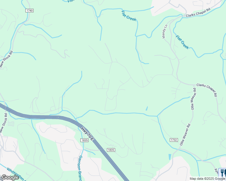 map of restaurants, bars, coffee shops, grocery stores, and more near 57 Pine Forest Drive in Weaverville