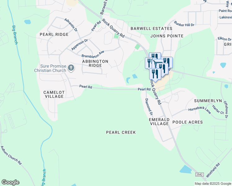 map of restaurants, bars, coffee shops, grocery stores, and more near 4708 Pearl Road in Raleigh