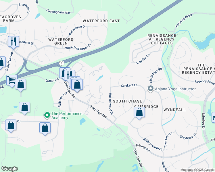 map of restaurants, bars, coffee shops, grocery stores, and more near 301 Hassellwood Drive in Cary
