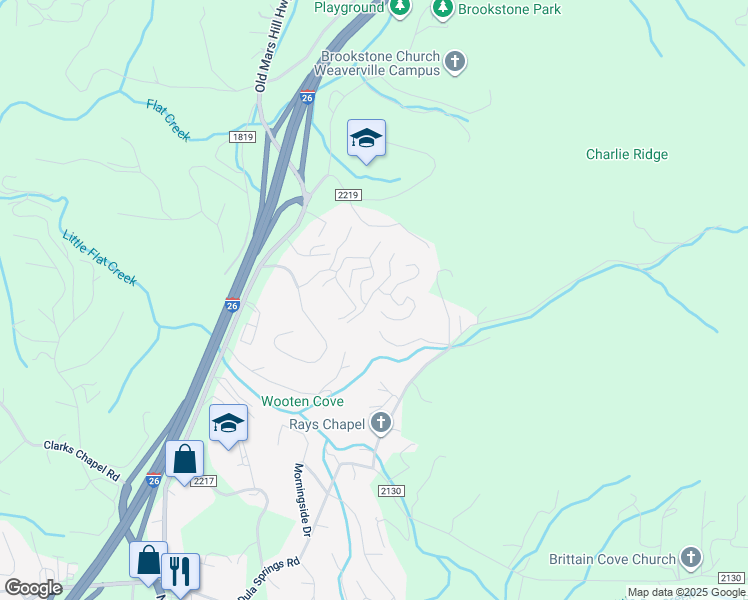 map of restaurants, bars, coffee shops, grocery stores, and more near 22 Avery Nicole Drive in Weaverville