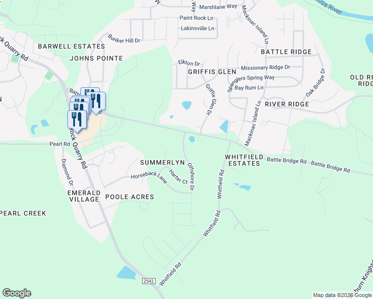 map of restaurants, bars, coffee shops, grocery stores, and more near 4225 Offshore Drive in Raleigh