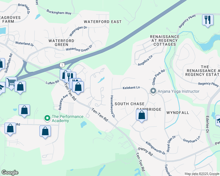 map of restaurants, bars, coffee shops, grocery stores, and more near 301 Hassellwood Drive in Cary